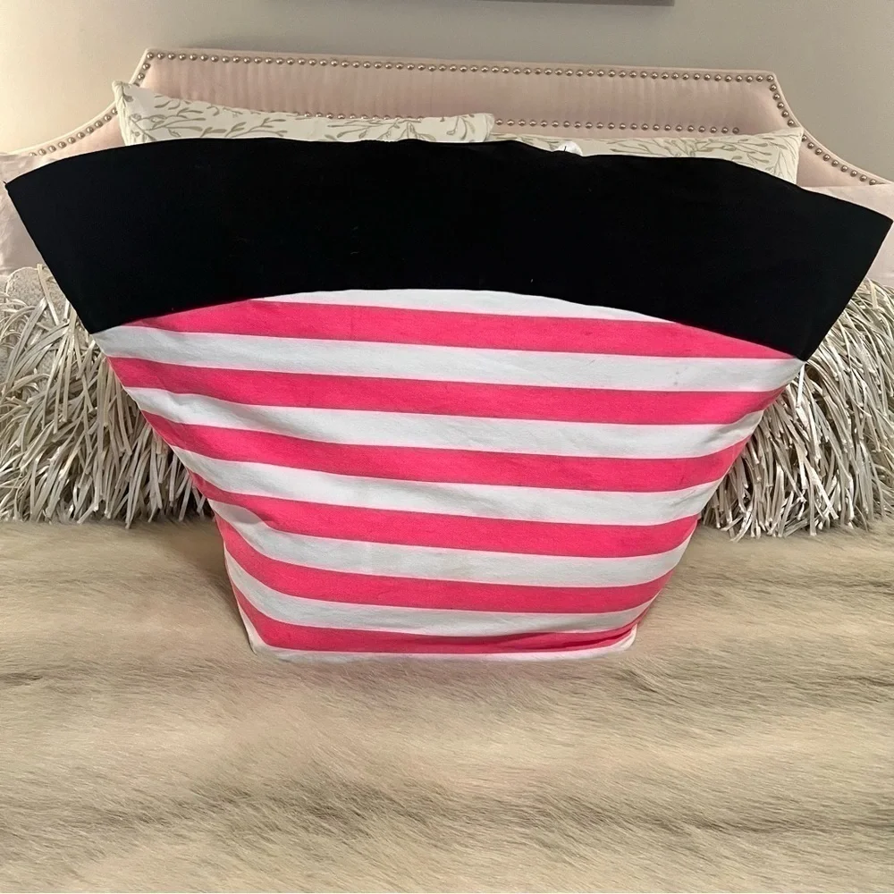 VICTORIA’S SECRET Beach Bag LARGE 2 Rope Handles Canvas Tote Black Pink Striped